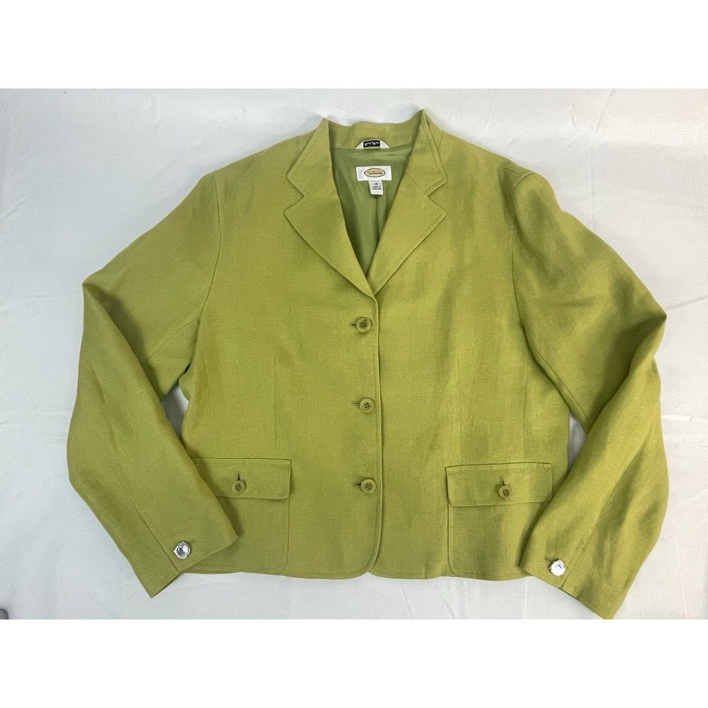 Talbots Women's Linen Blazer Jacket Size 16 Green Fully Lined Button Front